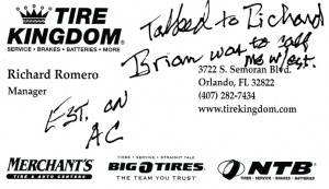 Tire Kingdom card with my scribbles